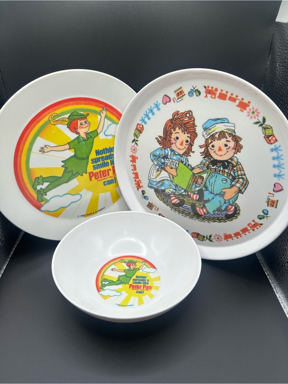 Kids Plate and Bowl Set with Peter Pan and Raggedy Ann Designs 1983, 1969